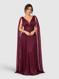 Vestido de Festa Marsala Vestido de Festa Longo Plus Size com Capa Dupla Apliques Famme