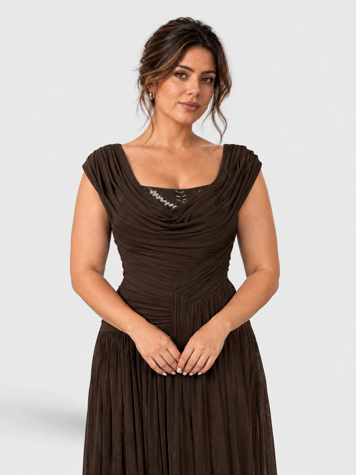 Vestido de Festa Marrom Vestido de Festa Longo Plus Size Drapeado Natally