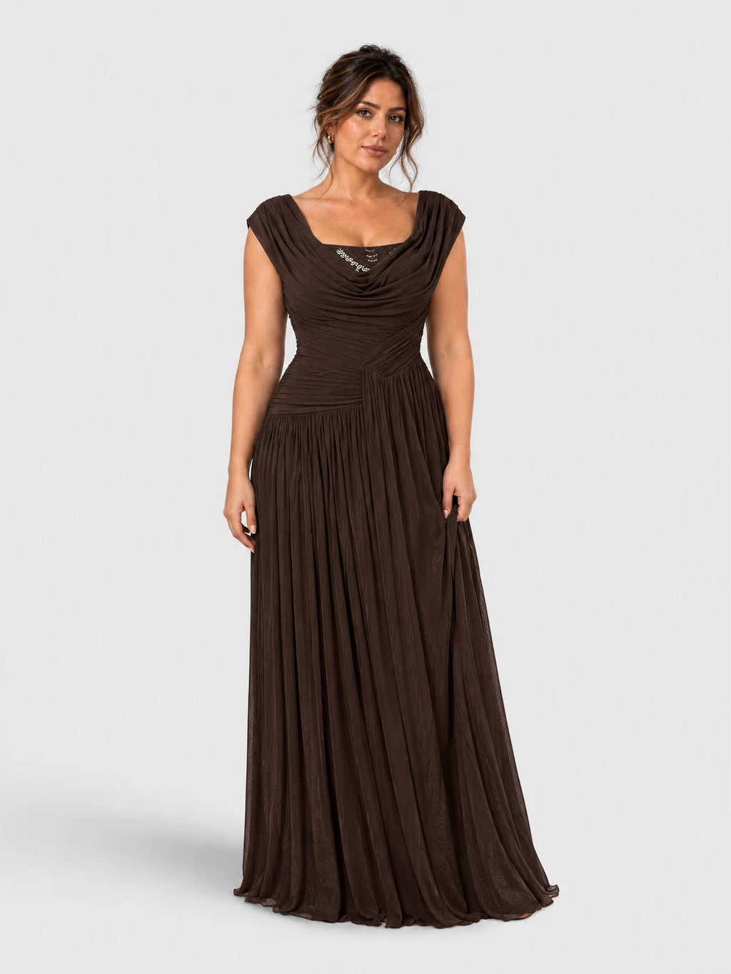 Vestido de Festa Marrom Vestido de Festa Longo Plus Size Drapeado Natally