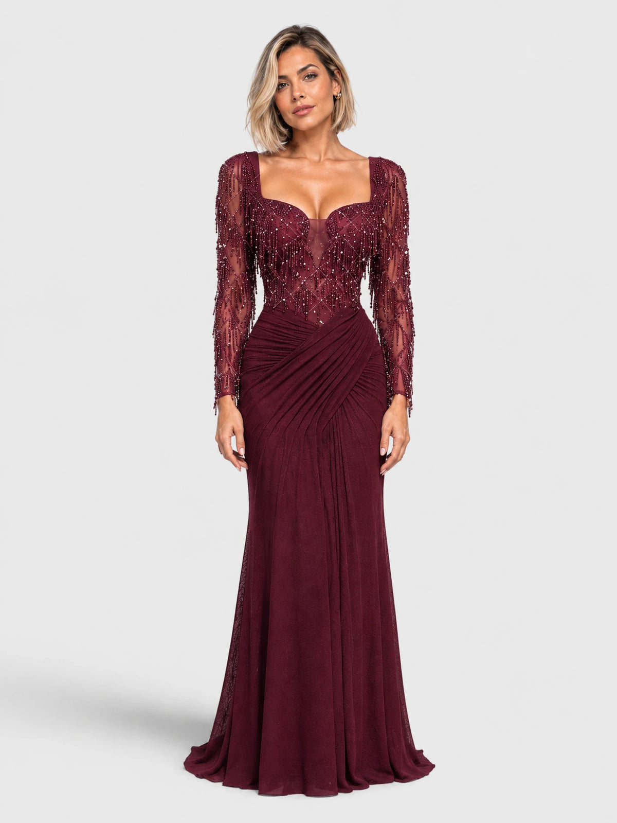 Vestido de Festa Marsala Vestido de Festa Longo Premium Bordado Drapeado Suzan