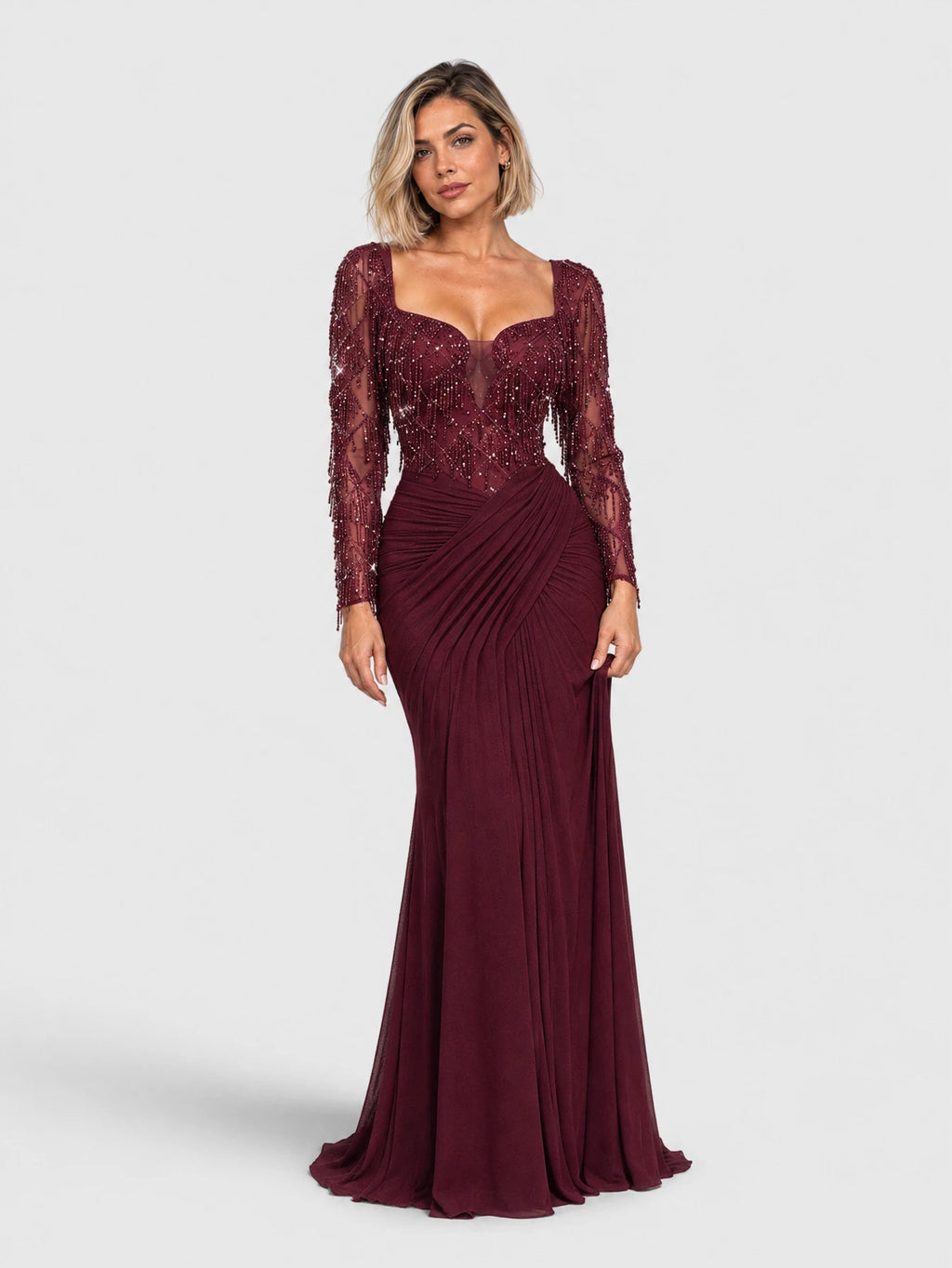 Vestido de Festa Marsala Vestido de Festa Longo Premium Bordado Drapeado Suzan