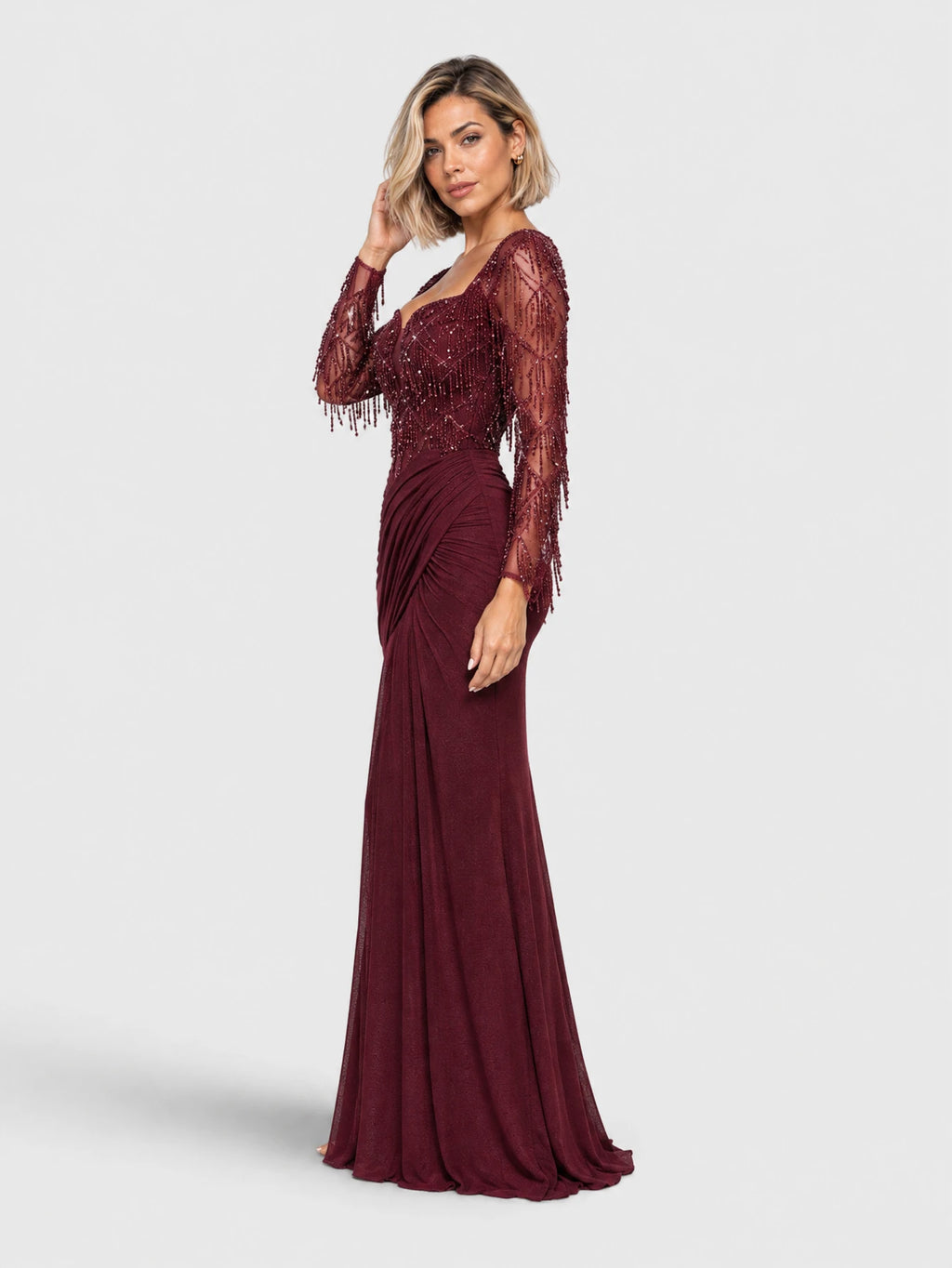 Vestido de Festa Marsala Vestido de Festa Longo Premium Bordado Drapeado Suzan