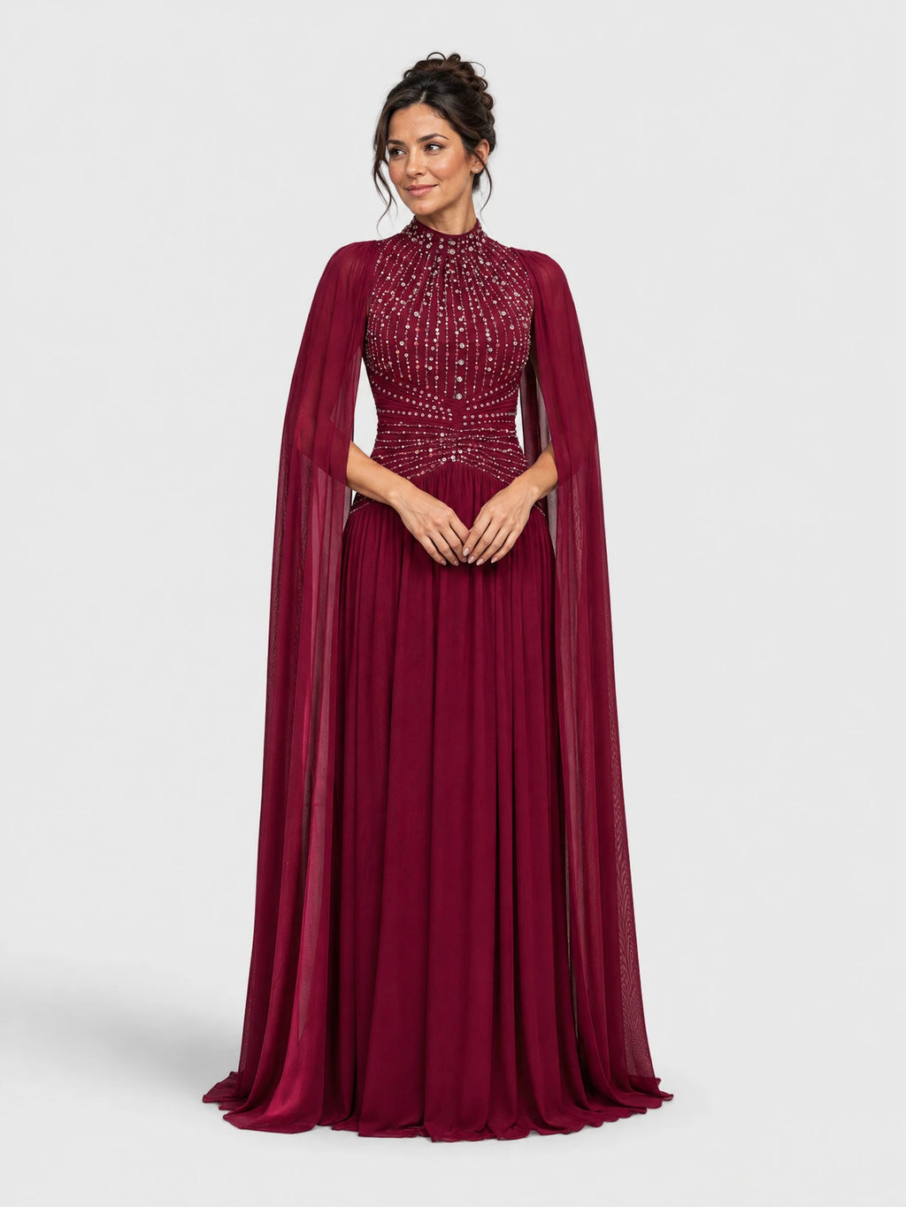 Vestido de festa longo Tulum com capa dupla, na cor marsala, vista frontal