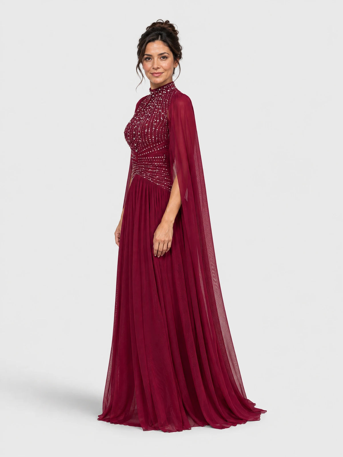 Vestido de festa longo Tulum com capa dupla, na cor marsala, vista lateral