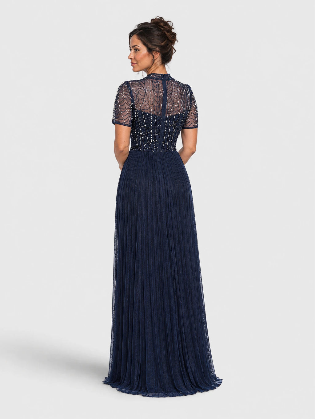 Vestido de festa longo premium plissado e bordado Venice azul-marinho, vista das costas.