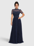 Vestido de festa longo premium plissado e bordado Venice azul-marinho, vista frontal.