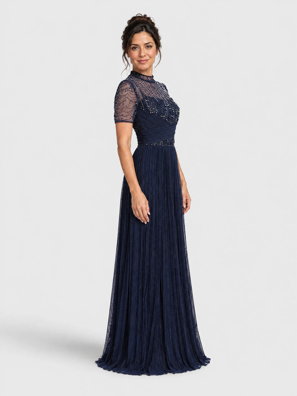 Vestido de festa longo premium plissado e bordado Venice azul-marinho, vista lateral.