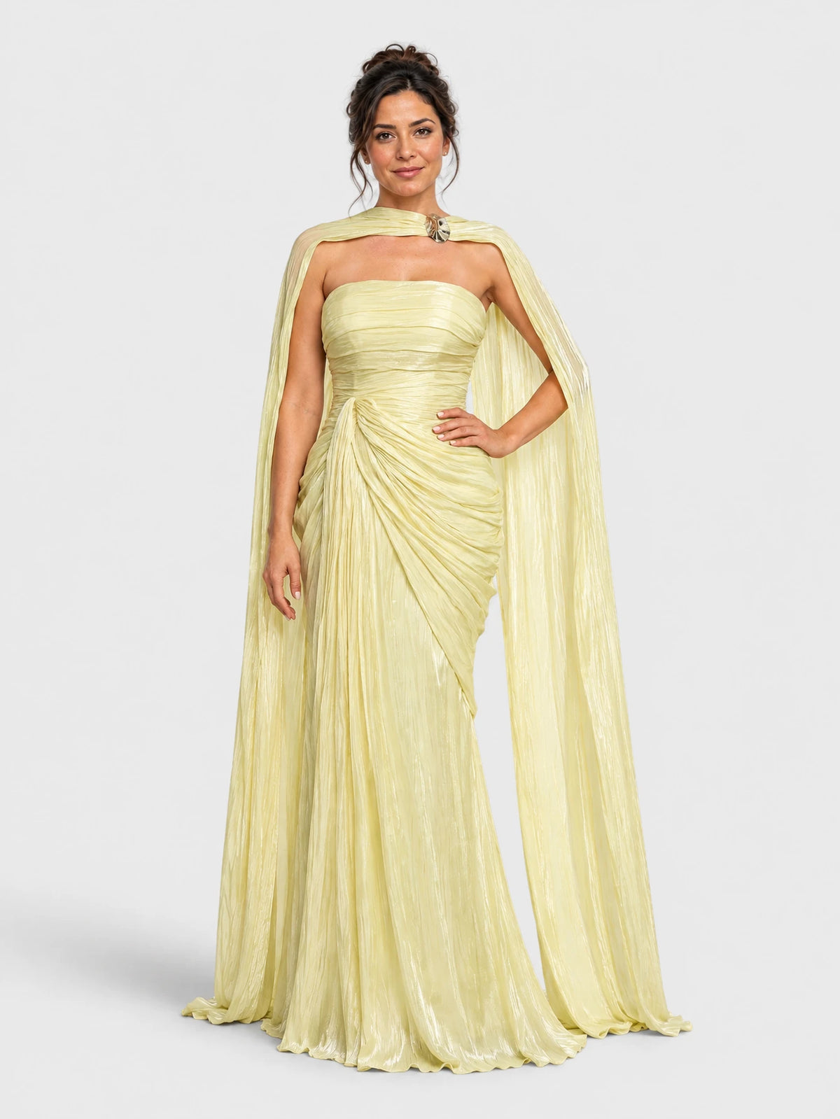 Vestido de Festa Amarelo Vestido de Festa Longo Tomara que Caia Drapeado com Echarpe Metalizado
