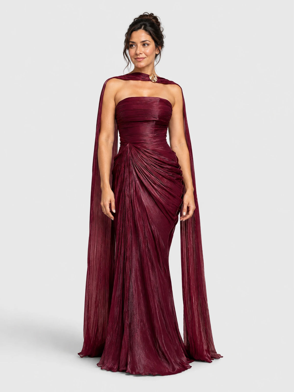 Vestido de Festa Marsala Vestido de Festa Longo Tomara que Caia Drapeado com Echarpe Metalizado