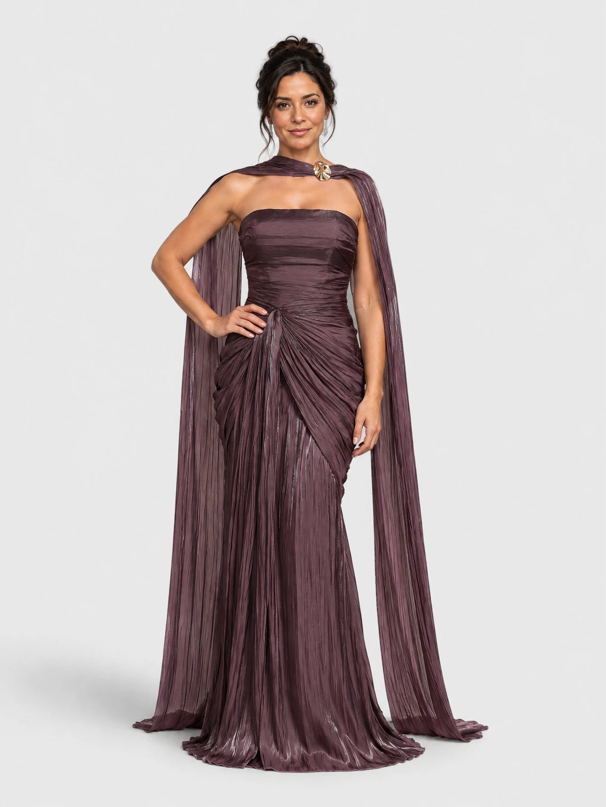 Vestido de Festa Roxo Vestido de Festa Longo Tomara que Caia Drapeado com Echarpe Metalizado