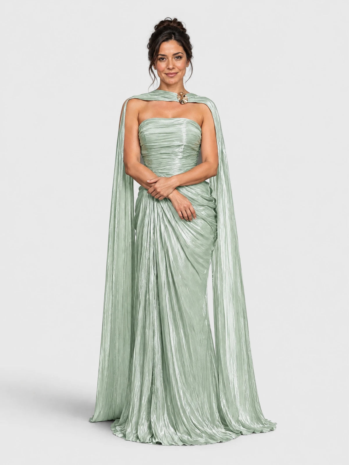 Vestido de Festa Verde Menta Vestido de Festa Longo Tomara que Caia Drapeado com Echarpe Metalizado