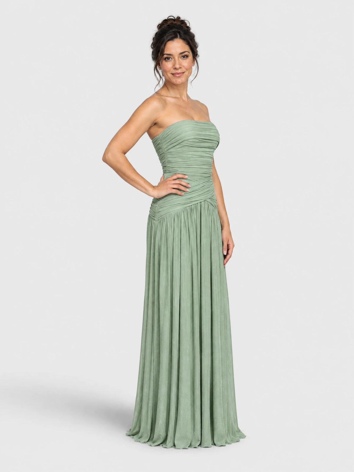 Vestido de festa longo tomara que caia Fanny verde menta, vista lateral.
