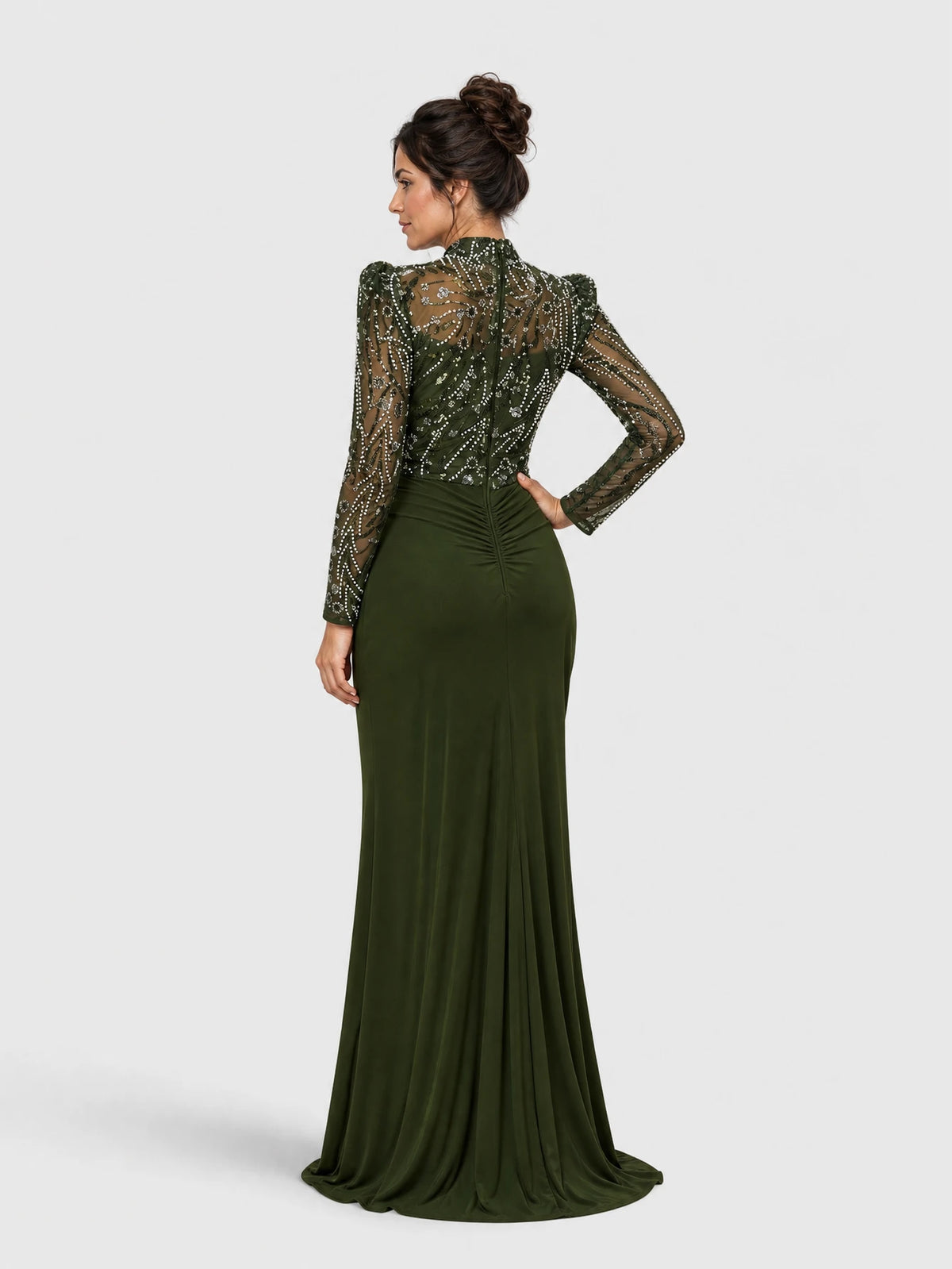 Vestido de Festa Verde Oliva Vestido de Festa Manga Longa Premium Bordado Paetê Filipinas