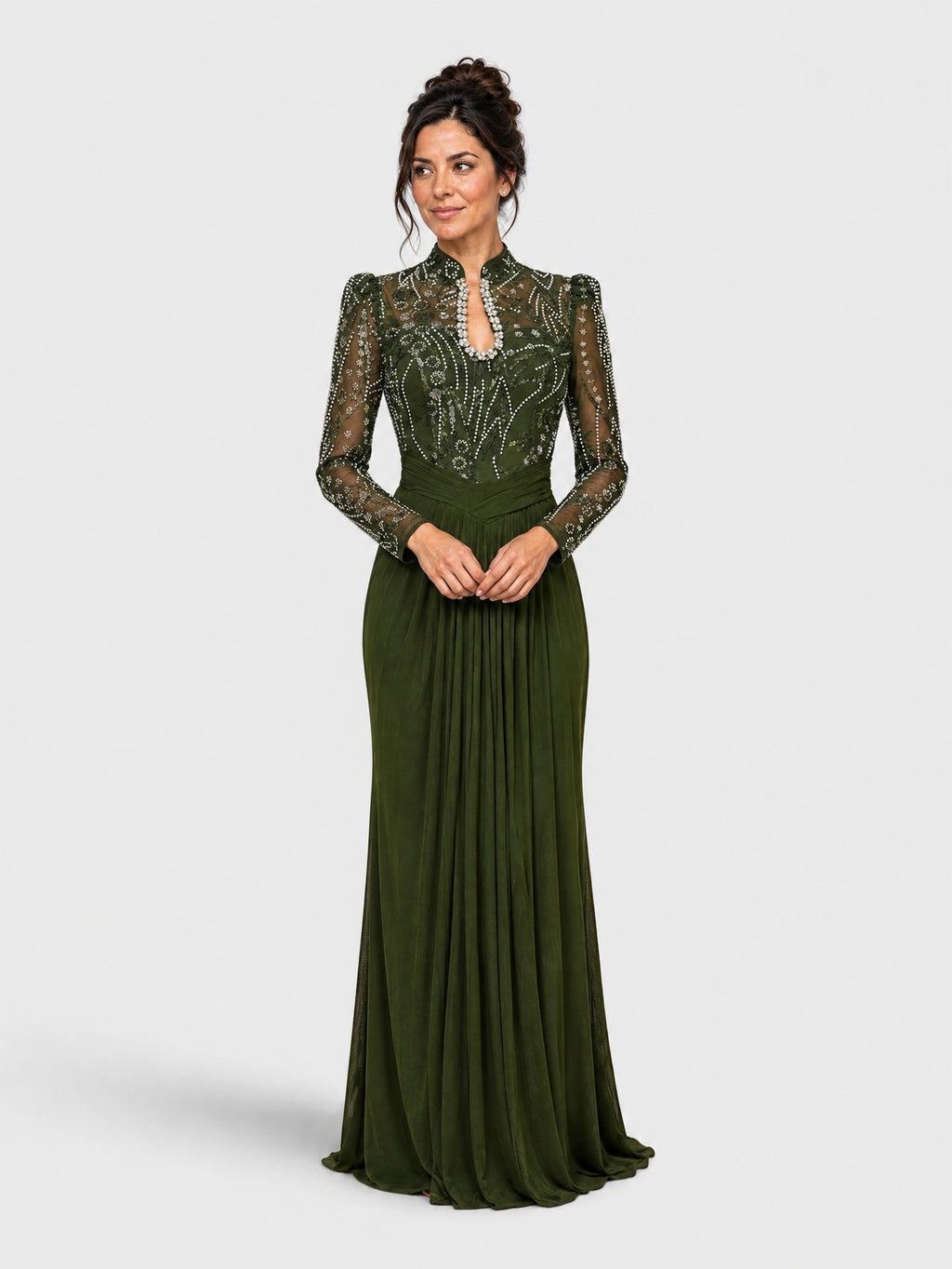 Vestido de Festa Verde Oliva Vestido de Festa Manga Longa Premium Bordado Paetê Filipinas
