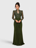 Vestido de Festa Verde Oliva Vestido de Festa Manga Longa Premium Bordado Paetê Filipinas