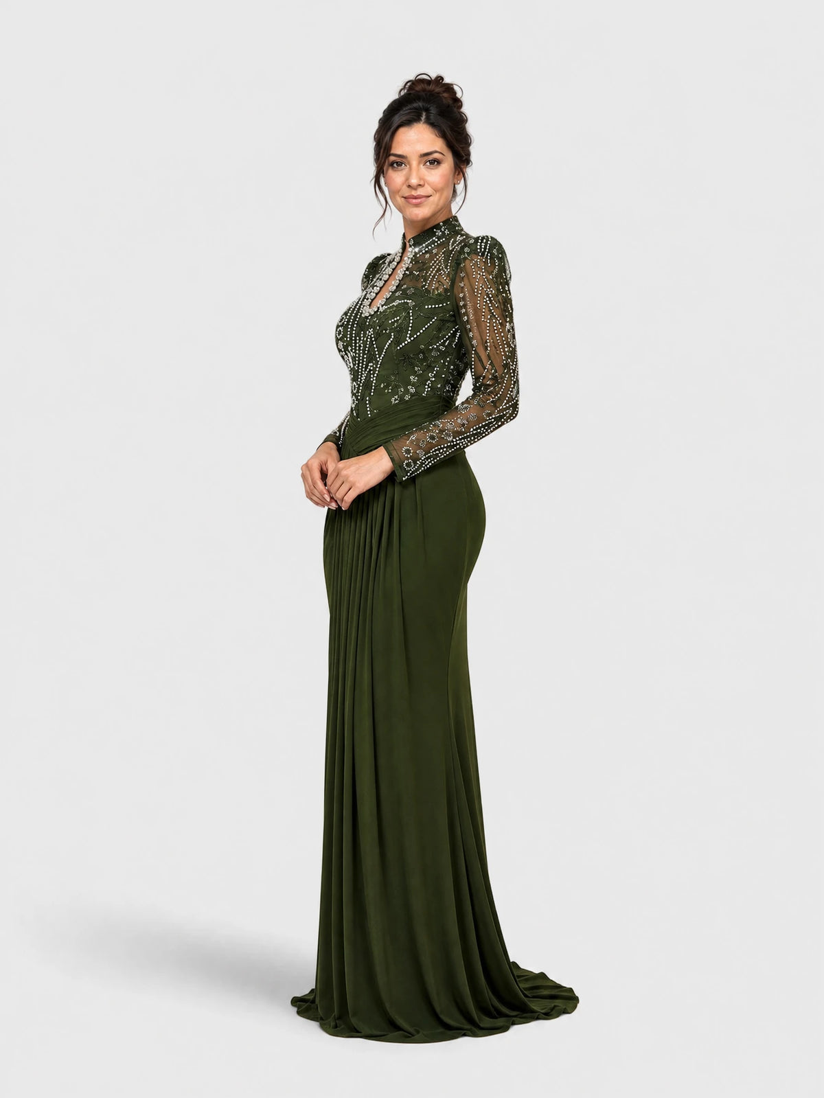 Vestido de Festa Verde Oliva Vestido de Festa Manga Longa Premium Bordado Paetê Filipinas