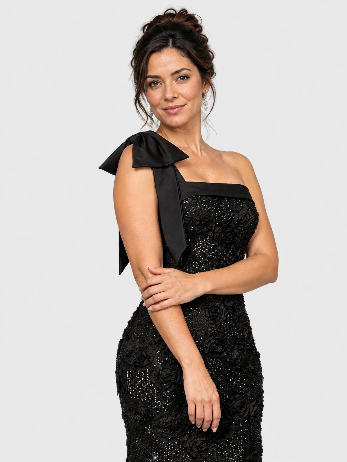 Vestido de Festa Preto Vestido de Festa Nula Manga Bordado Laço