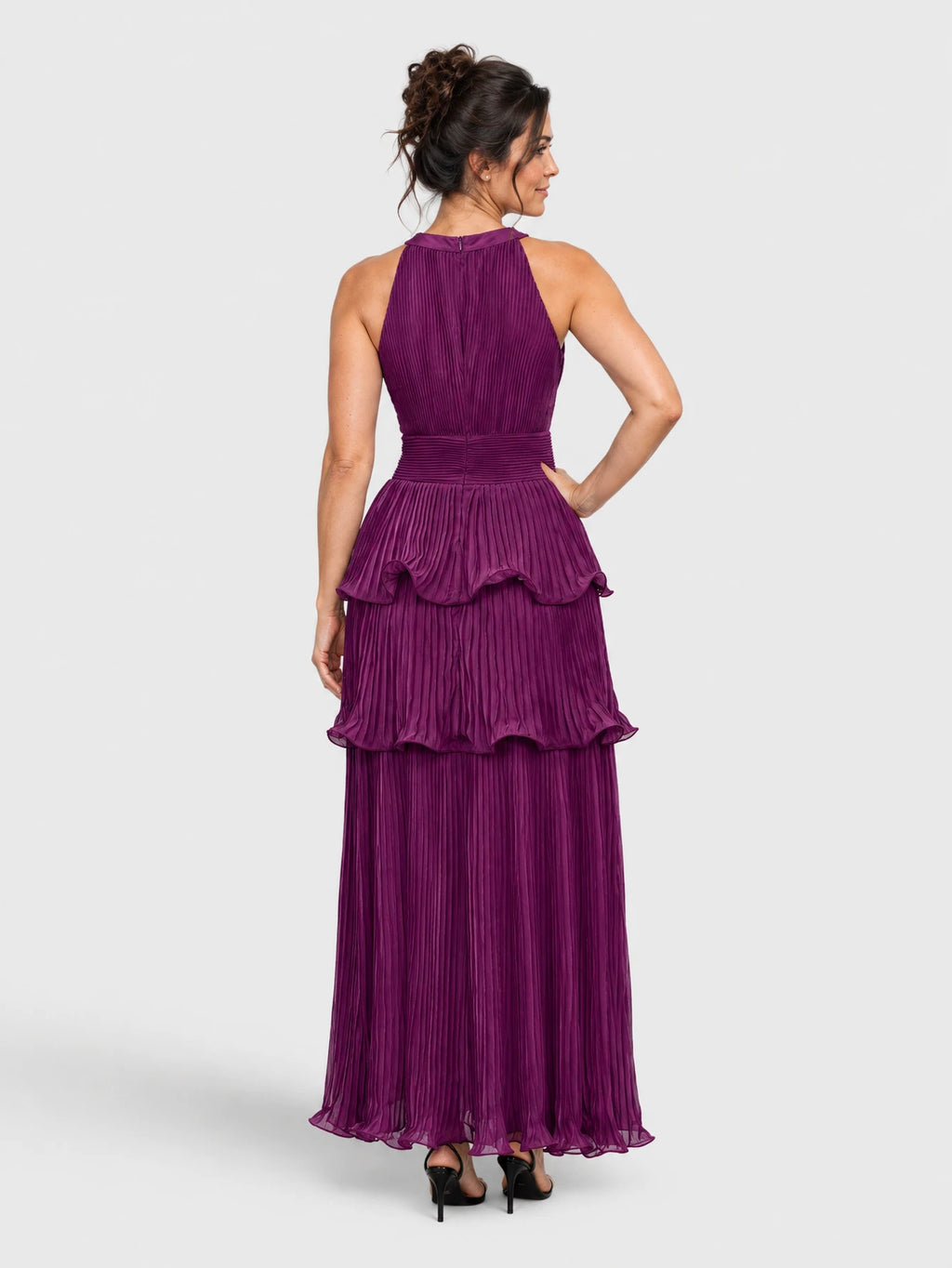 Vestido de Festa Roxo Vestido de Festa Plissado Camadas Gola Pedrarias