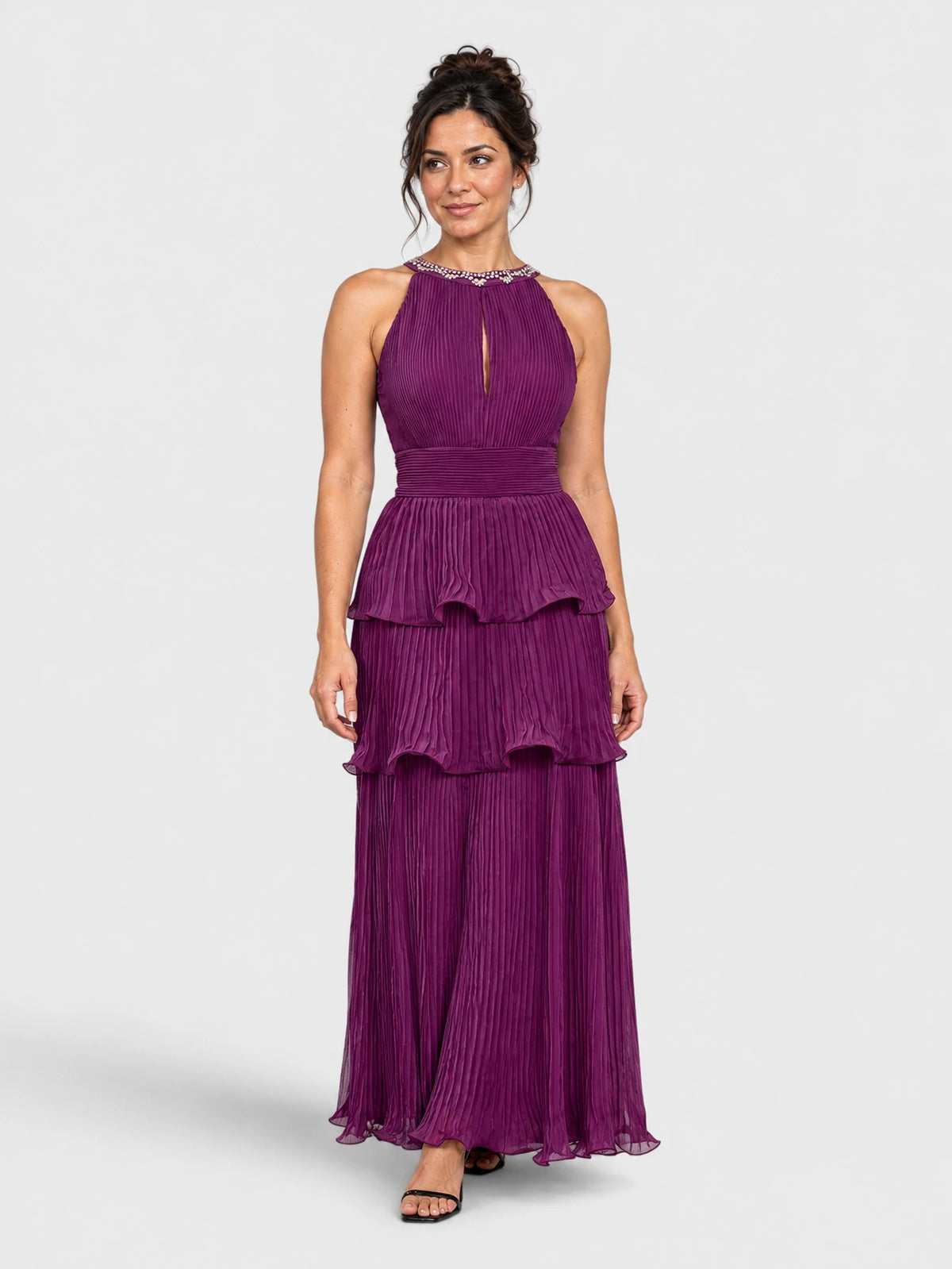 Vestido de Festa Roxo Vestido de Festa Plissado Camadas Gola Pedrarias