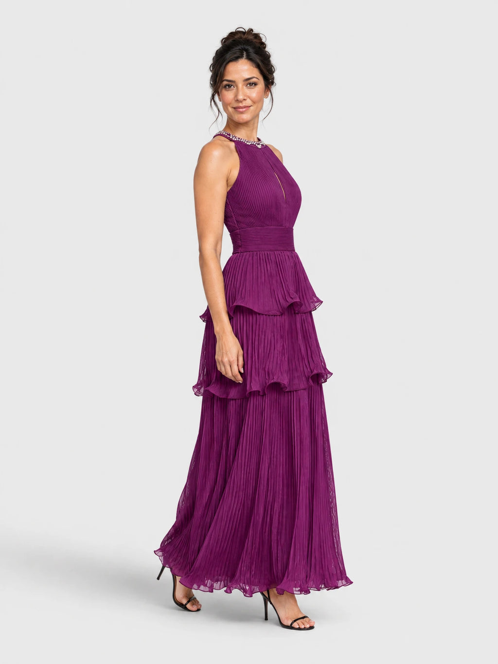 Vestido de Festa Roxo Vestido de Festa Plissado Camadas Gola Pedrarias