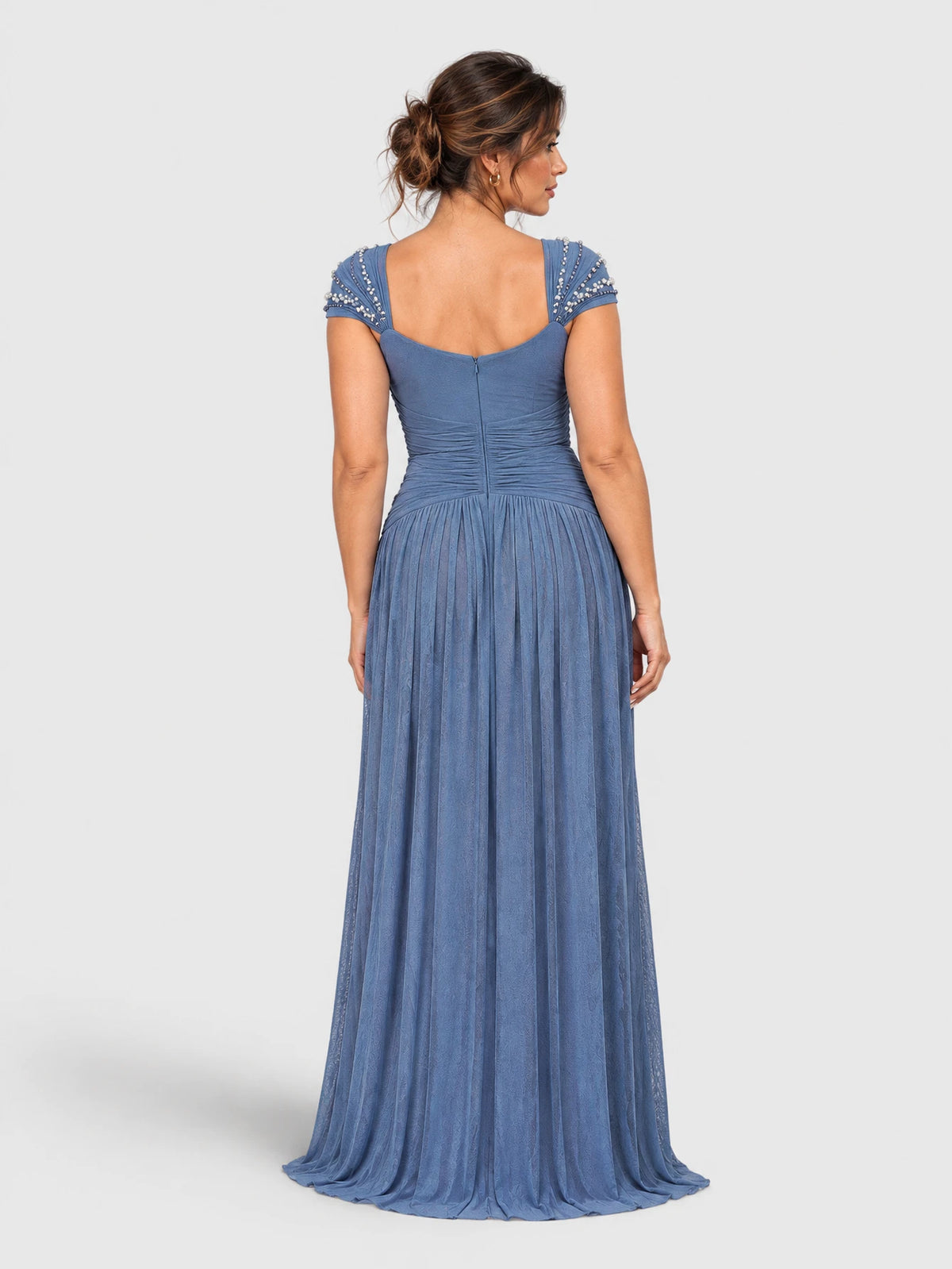 Vestido de Festa Azul Empoeirado Vestido de Festa Plus Size Bordado Plissado Vitória