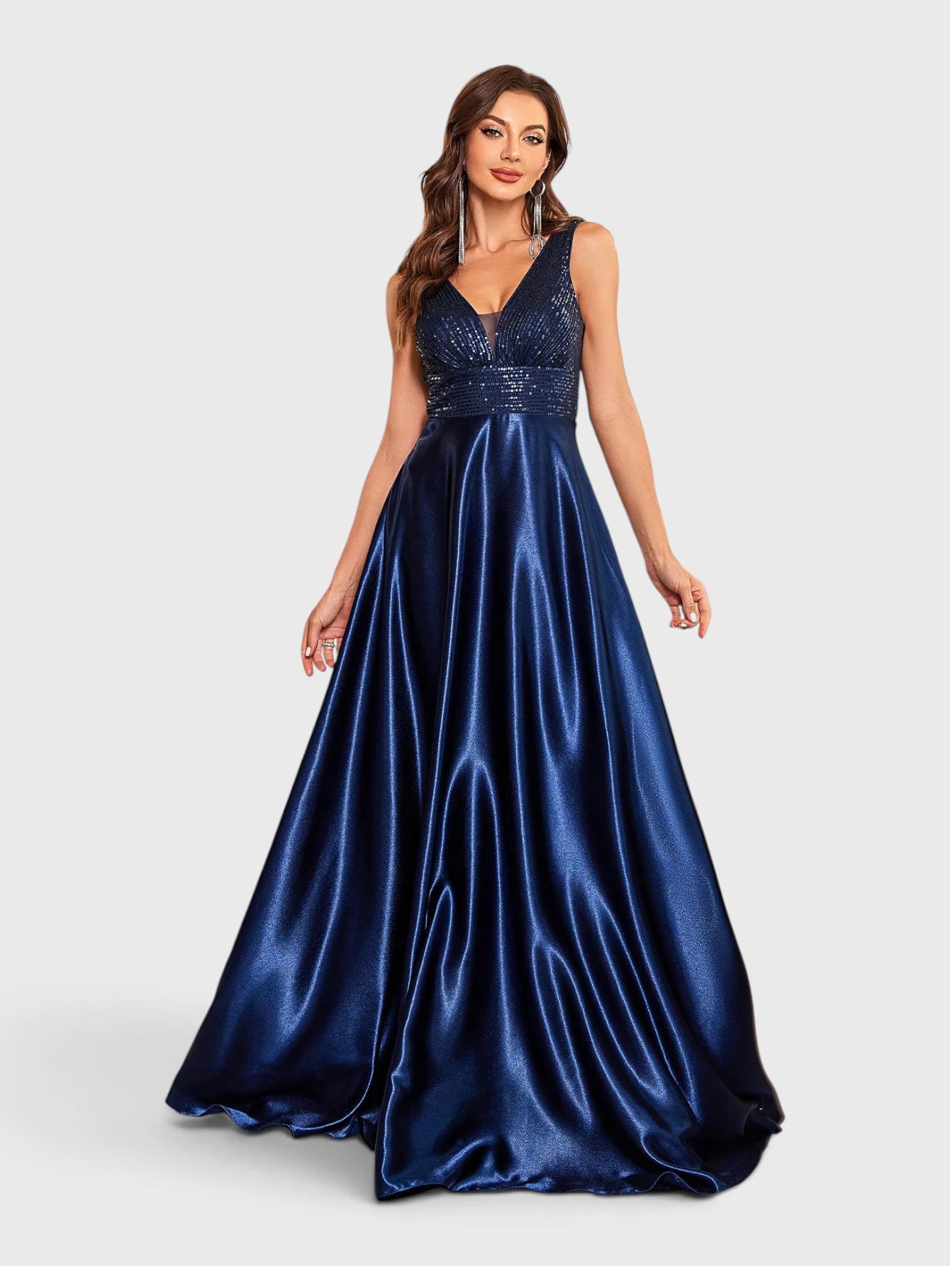 Vestido de Festa Azul Marinho Vestido de Festa Longo com Bolso Lateral Paetê Leonor