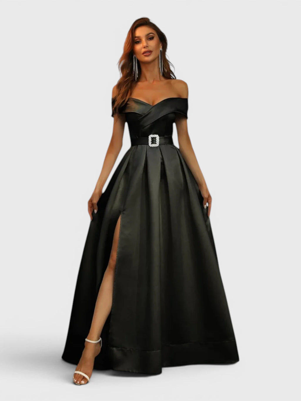 Vestido de Festa Preto Vestido de Festa Longo Zibeline Ombro a Ombro com Cinto Bellinda