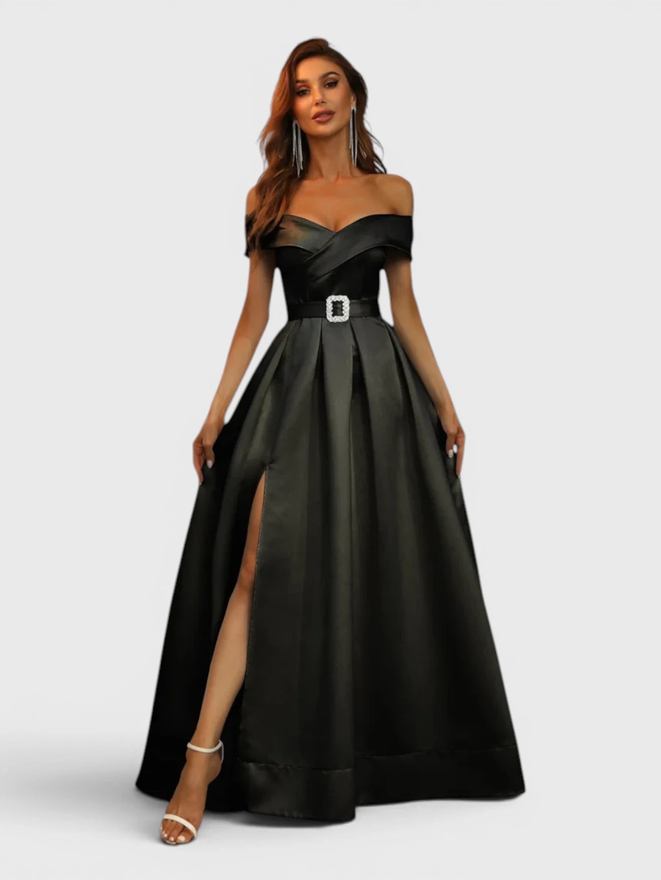Vestido de Festa Preto Vestido de Festa Longo Zibeline Ombro a Ombro com Cinto Bellinda