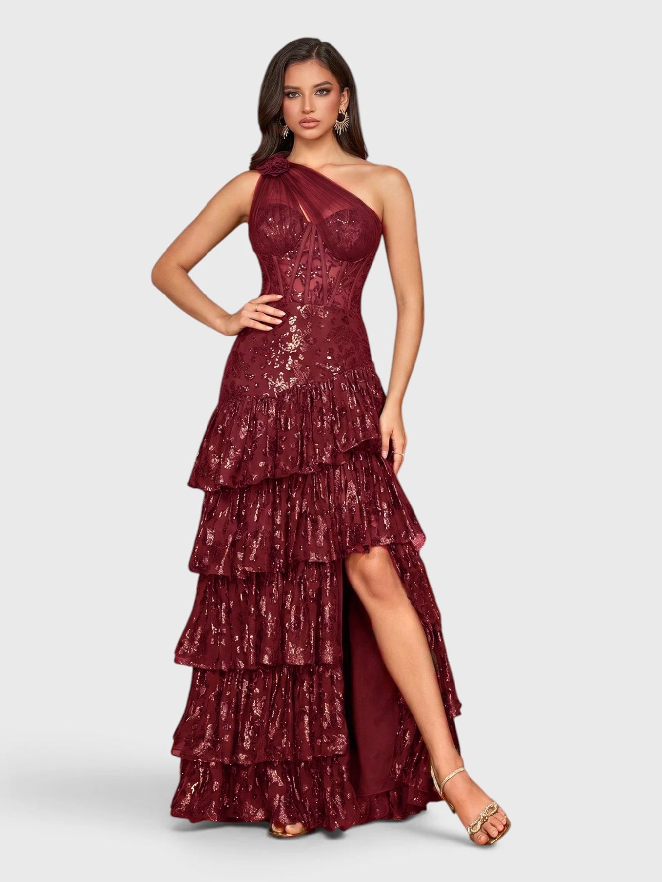 Vestido de Festa Marsala Vestido de Festa Bordado Manga Única Camadas Valentina