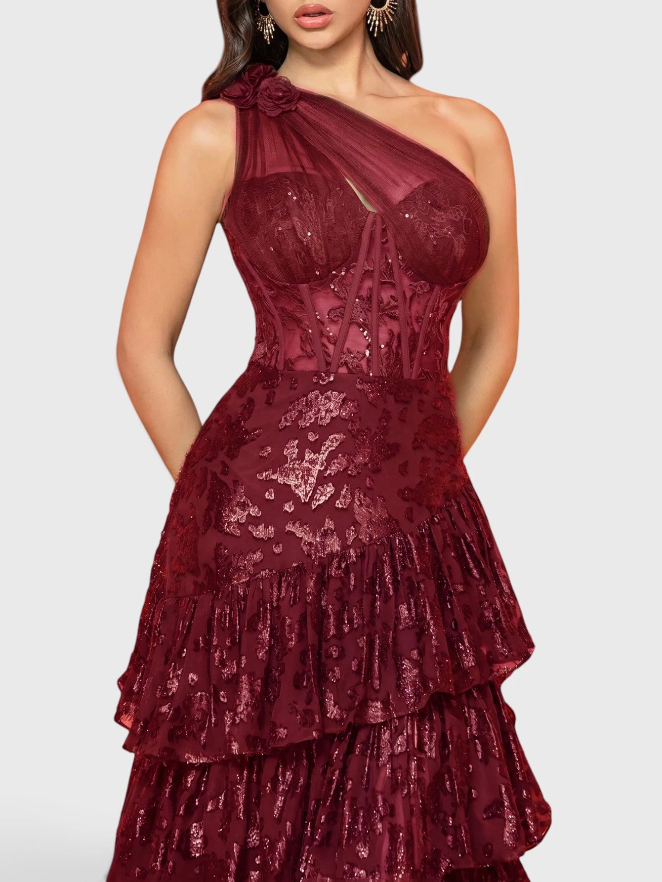 Vestido de Festa Marsala Vestido de Festa Bordado Manga Única Camadas Valentina