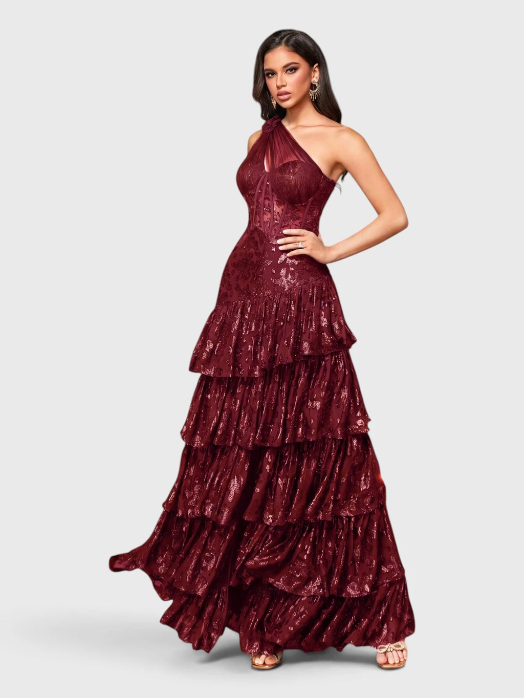 Vestido de Festa Marsala Vestido de Festa Bordado Manga Única Camadas Valentina